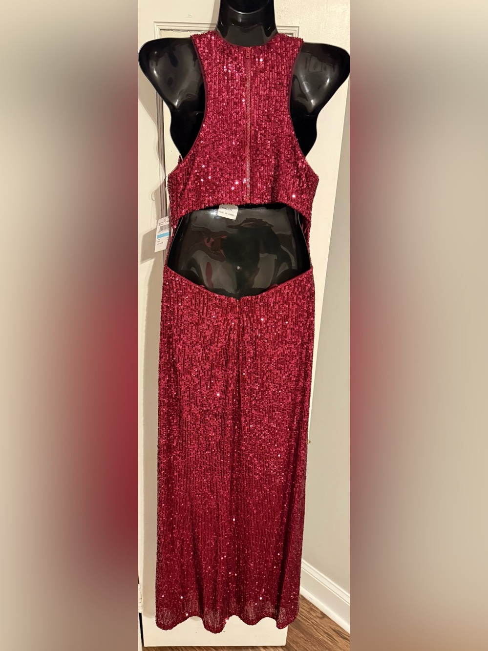 NWT Morgan & Co Sequin High Neck Keyhole Open Back Formal Evening Gown Merlot 5 - Picture 3 of 15